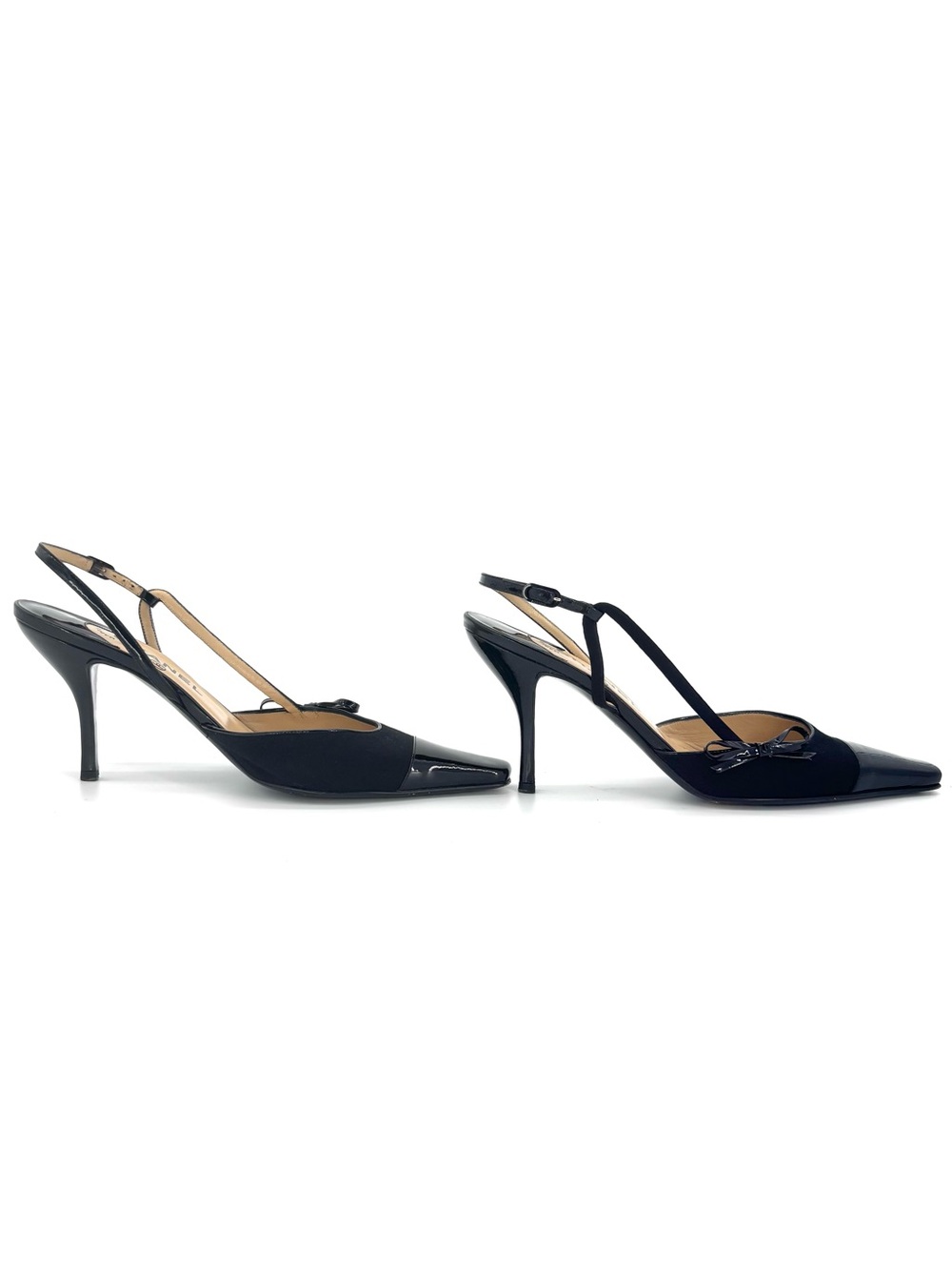 Chanel Vintage Bow CC Cap Toe Jersey Patent Pointed Toe Slingback Pumps 40 - Picture 5 of 10